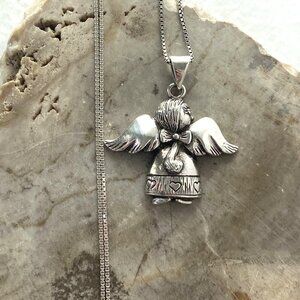 Solid Sterling Silver 925 Religious Figural Angel Wings Chunky Pendant Necklace